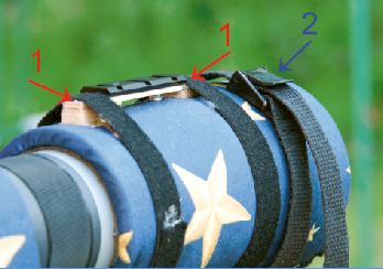 En limklick vid de röda pilarna (1) gör att skenan inte flyttar sig. Spännband (2) finns att köpa i affärer som säljer campingutrustning.